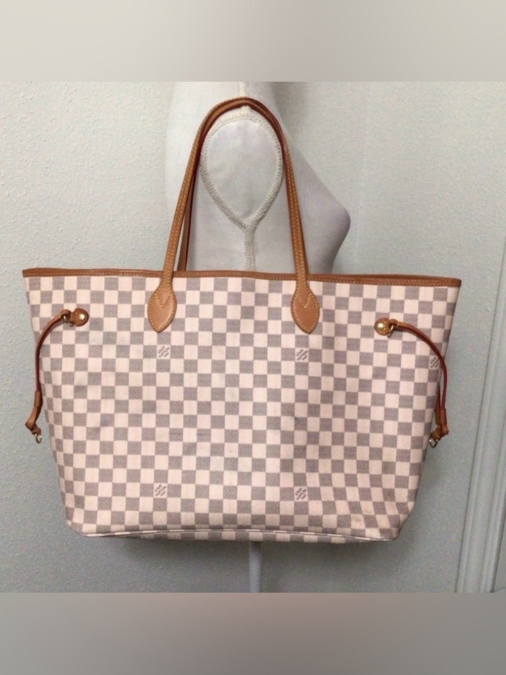 Real Leather GM Dupe Neverfull Pink Cream and Azure Damier Tote LV and Pouch